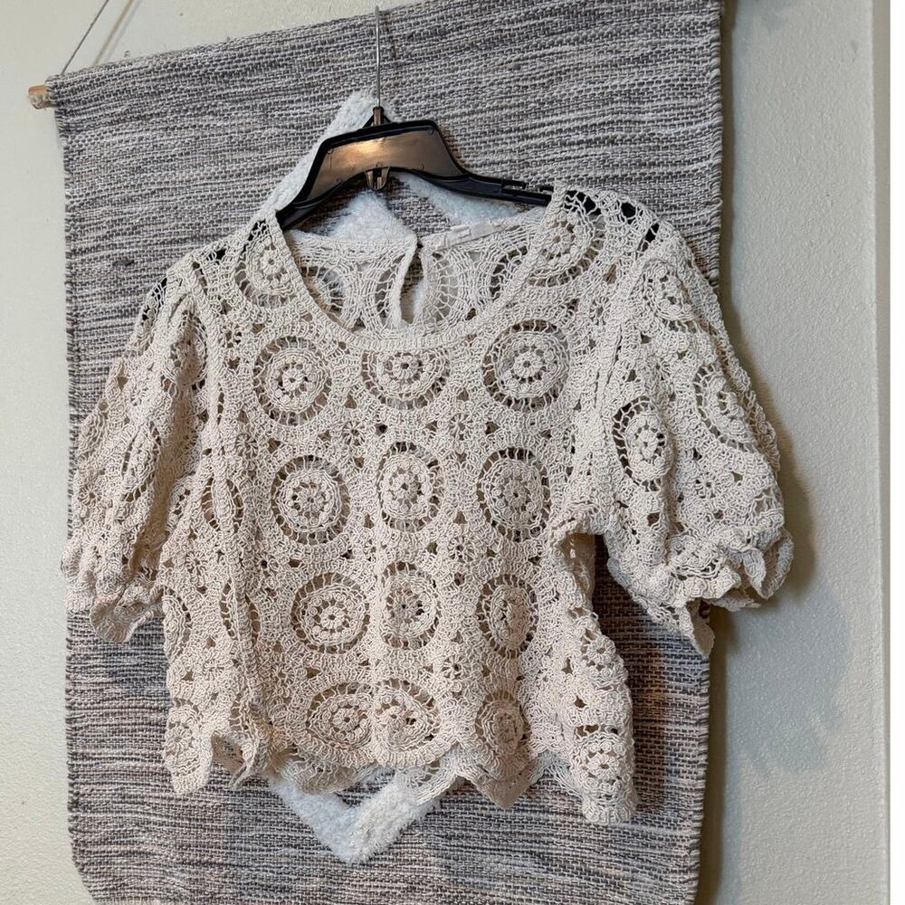 Solitaire Crochet Lace Top Women Small Ivory Boho Short Sleeve Scalloped Hem